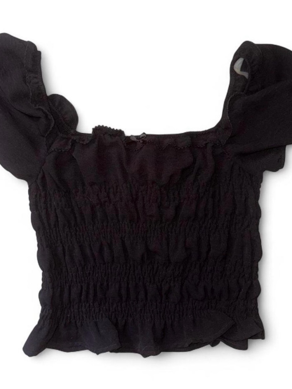 Black Smocked Square-Neck Puff-Sleeve Women's Blouse